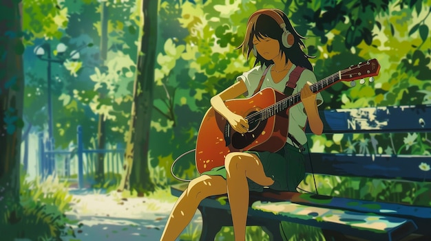 uma menina tocando guitarra em um parque com uma menina jogando guitarra