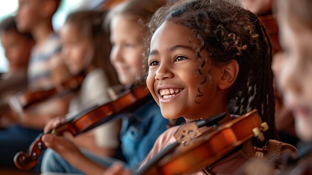 Foto uma menina tocando violino durante um concerto escolar ela está sorrindo e parece feliz