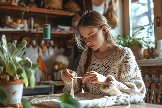 Uma menina tricotando uma foto de suéter em uma atmosfera caseira