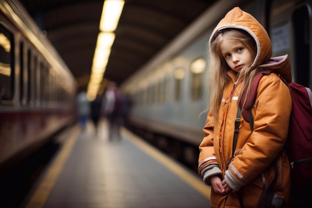 Uma menina triste estava atrasada para o comboio Uma menina assustada e chorosa estava perdida num lugar público