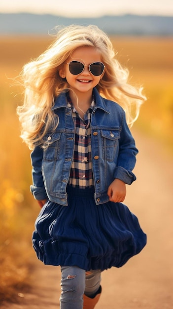 uma menina usando óculos escuros e uma jaqueta jeans