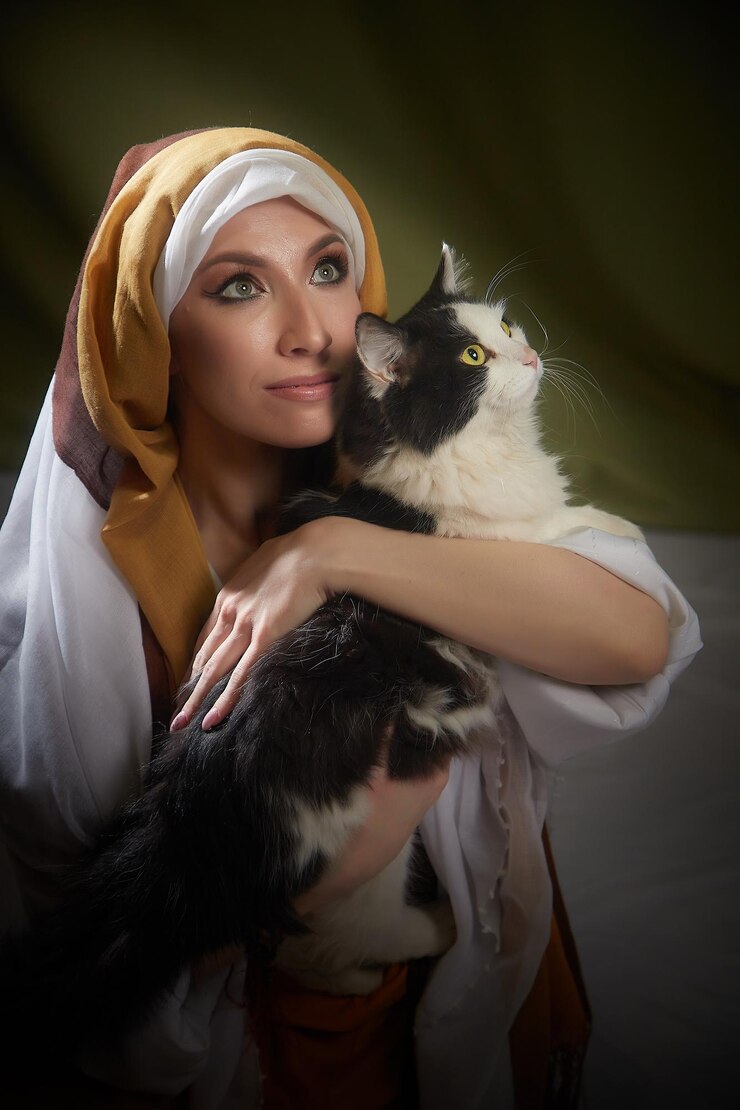 Foto uma menina vestida com trajes tradicionais orientais segura um gato encarnando o personagem de rebecca do