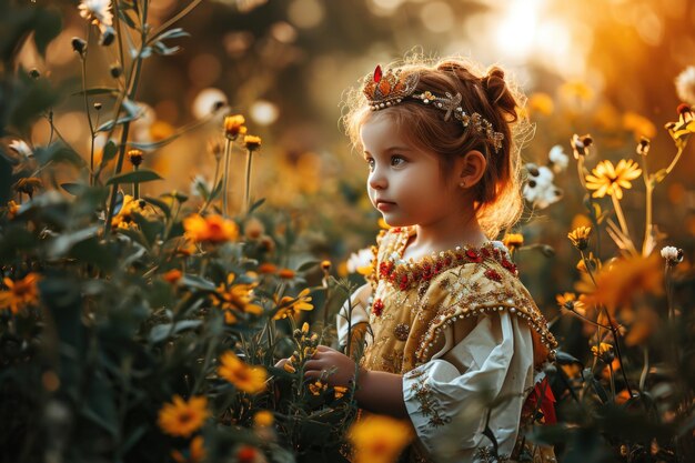 Foto uma menina vestida como a rainha ester está em meio a um jardim exuberante cheio de flores de primavera sua roupa real iluminada pela quente luz do sol