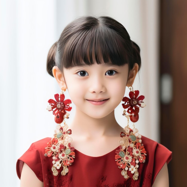 Uma menina vestindo brincos de porcelana vermelha em estilo coreano está tecendo exquisitos ornamentos feitos à mão de uma forma criativa v 52 Job ID f909c29662624ad398d124deac97794b
