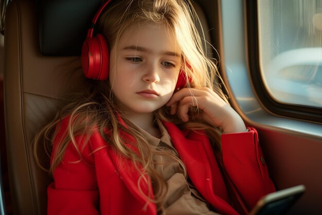 Uma menina vestindo um casaco vermelho e fones de ouvido está olhando para seu telefone conceito de retorno à escola