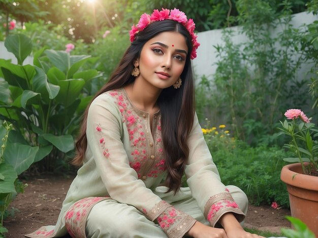 Uma menina vestindo um salwar kameez está sentada em um jardim de flores com um boné de flores em sua cabeça