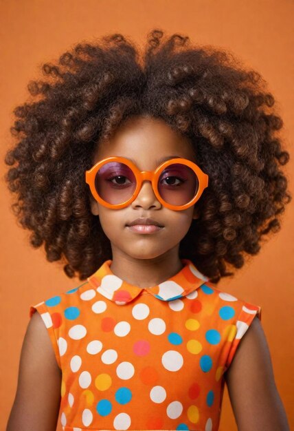 Uma menina vestindo um vestido com pontos de pólva e uma camisa com pontos de póla