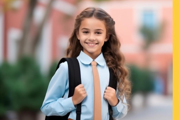 uma menina vestindo uma camisa azul e uma gravata marrom
