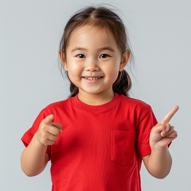 Foto uma menina vestindo uma camisa vermelha que diz polegar para cima