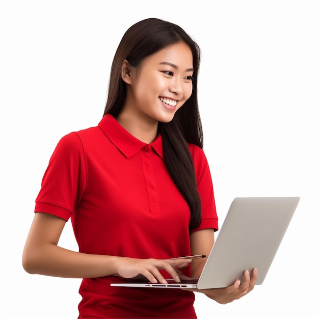Uma menina vestindo uma camisa vermelha trabalha em um laptop