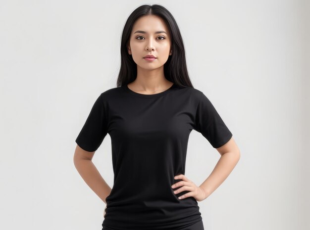 Uma menina vestindo uma camiseta preta em um fundo branco