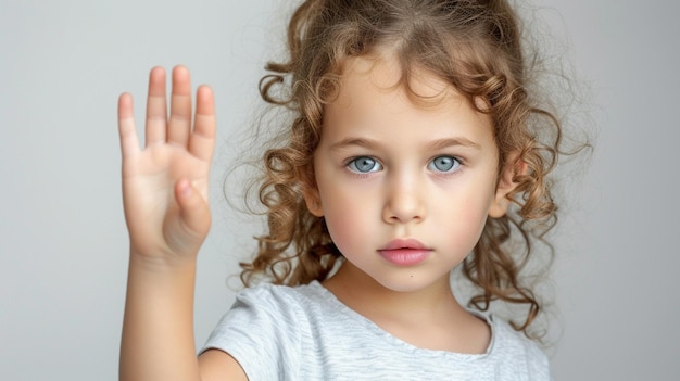 Foto uma menina zangada mostrando a mão para parar com a violência útil.