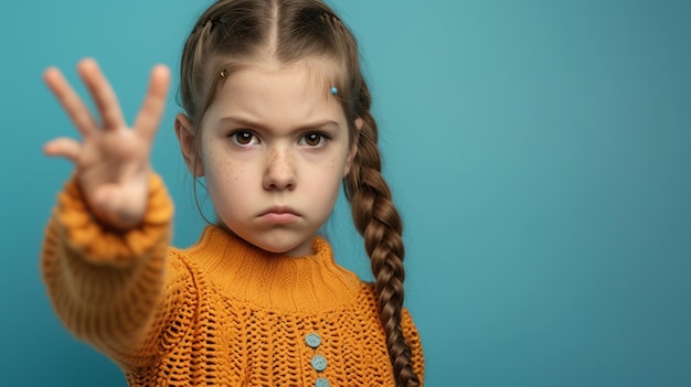 Uma menina zangada mostrando a mão para parar com a violência útil.