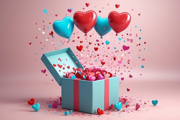 Uma mensagem de amor bonita a sair de uma caixa de presentes aberta com confete e balões em forma de coração.