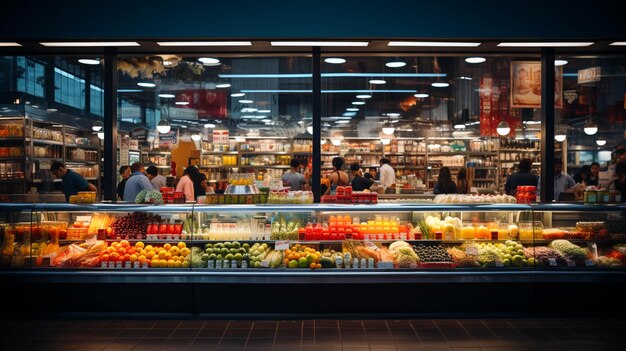 Uma mercearia cheia de comida e móveis