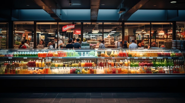 Uma mercearia cheia de comida e móveis.