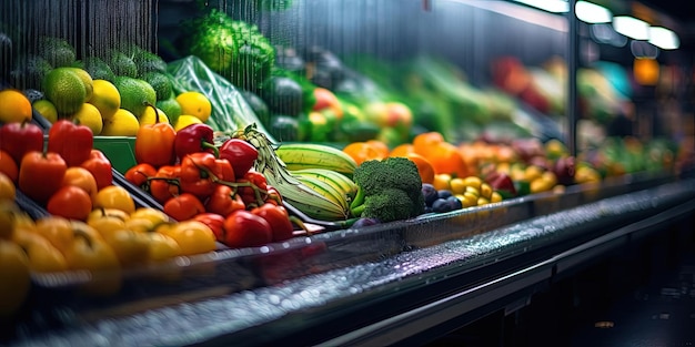 uma mercearia com diferentes tipos de frutas e vegetais dentro no estilo bokeh