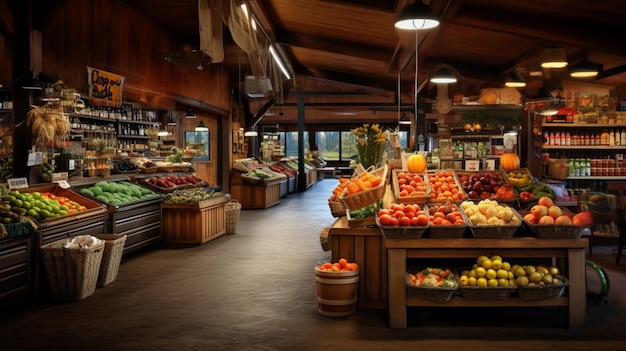 uma mercearia com uma grande exposição de frutas e legumes