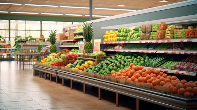 uma mercearia com uma grande exposição de frutas e legumes