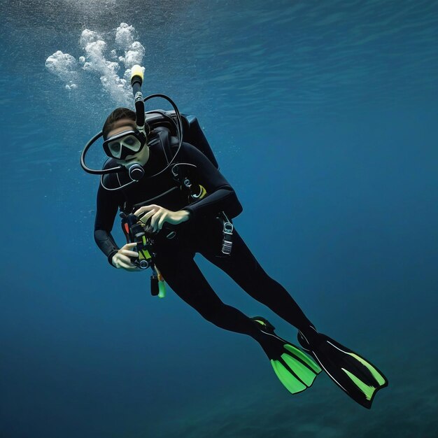 Foto uma mergulhadora nadando debaixo d'água
