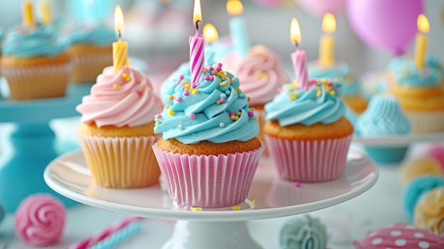 Uma mesa adornada com cupcakes, velas e decorações coloridas para uma doce celebração de aniversário