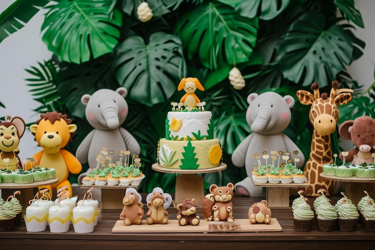 Foto uma mesa adornada com inúmeros bolos e uma variedade de animais de pelúcia aniversário temático da selva com personagens de animais bonitos ai gerado