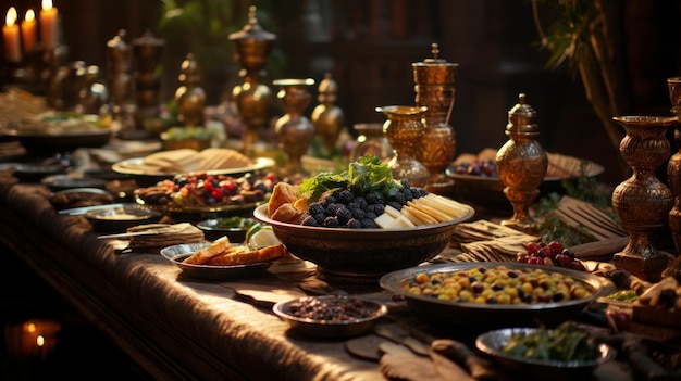 Uma mesa adornada com pratos de comida deliciosa e velas piscando