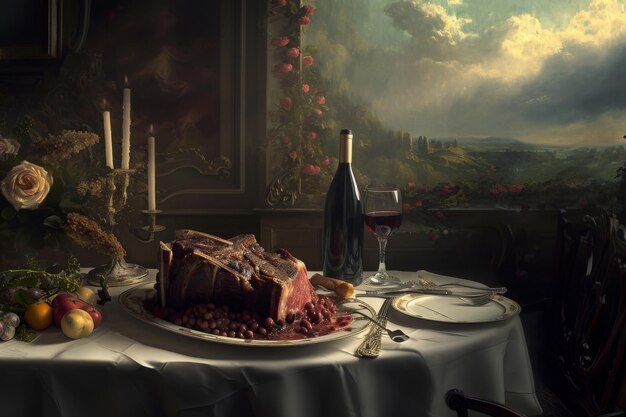 Foto uma mesa adornada com um delicioso bolo colocado ao lado de uma garrafa de vinho uma interpretação surrealista de um jantar de bife em um ambiente de jantar requintado ai gerado
