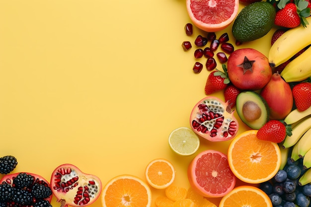 uma mesa amarela com frutas e a palavra romã