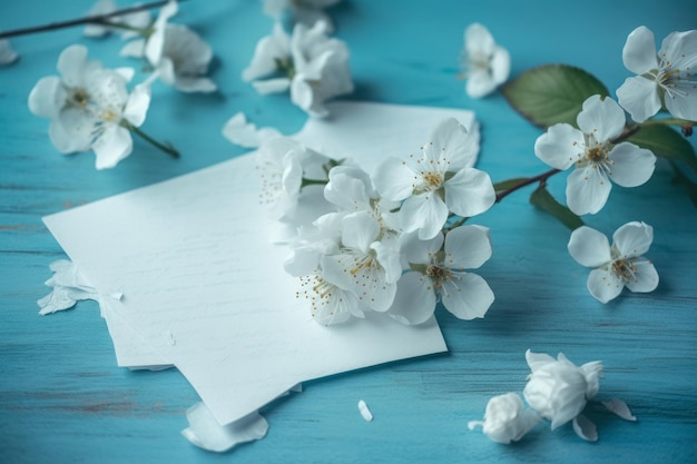 Uma mesa azul com um envelope branco e um cartão com flores brancas.