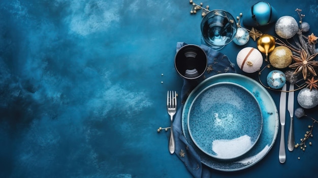 Uma mesa azul com um prato e um garfo e uma taça de vinho.