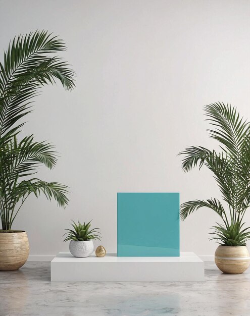 uma mesa branca com três vasos de plantas e um quadrado azul