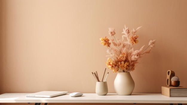 Uma mesa branca com um vaso de flores e um laptop sobre ela.