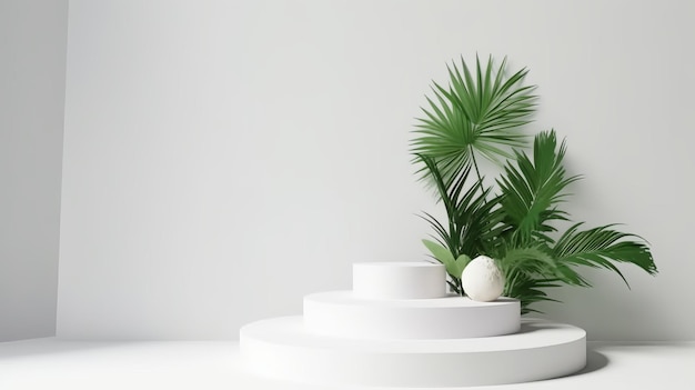 Uma mesa branca com uma planta e um fundo branco