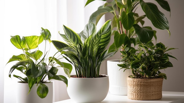 Uma mesa branca com uma planta em cima e um vaso branco com uma planta em cima.