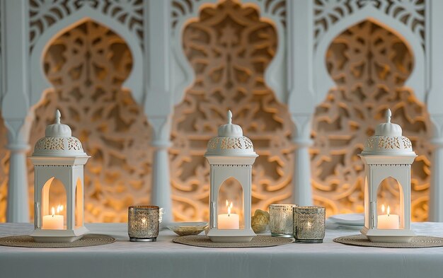 uma mesa branca de Ramadan com três lanternas três velas e um fundo de sala branca