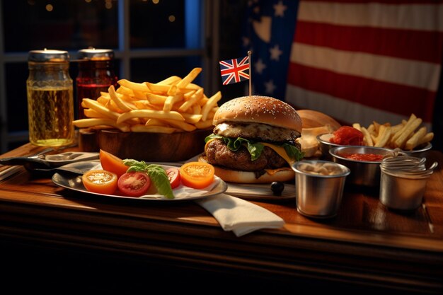 Foto uma mesa carregada de comida, incluindo uma batata frita de hambúrguer e uma bandeira