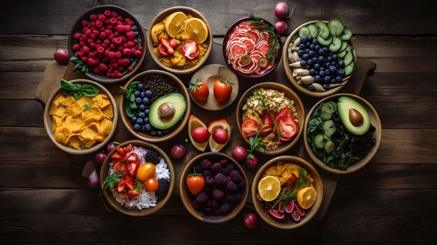 Uma mesa cheia de alimentos diferentes, incluindo frutas e legumes.