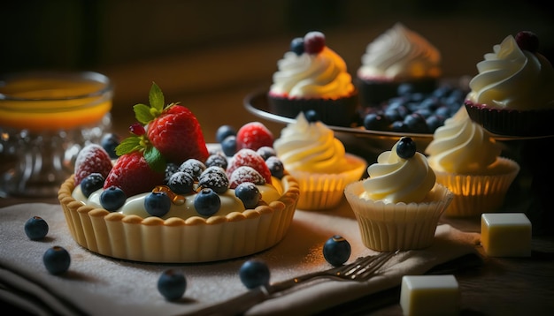 Uma mesa cheia de bolos e um cupcake com frutas vermelhas