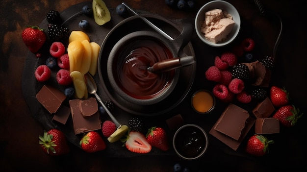 Uma mesa cheia de chocolates, frutas e nozes.