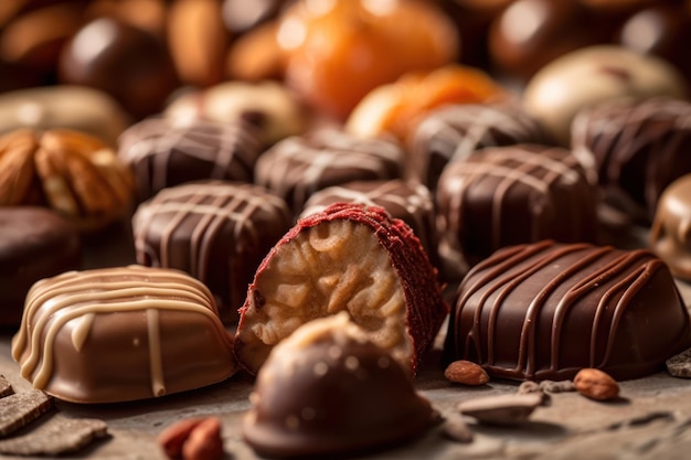 Uma mesa cheia de chocolates, incluindo um que diz 'chocolates'