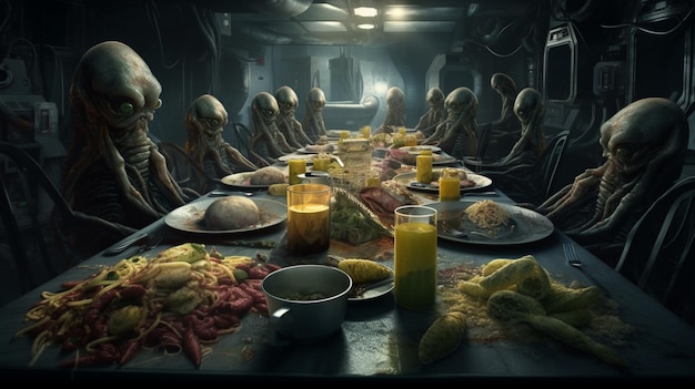 Uma mesa cheia de comida alienígena com a foto de uma pessoa comendo.