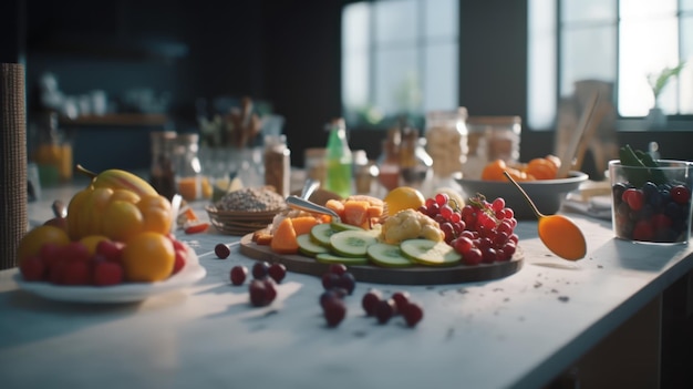 Uma mesa cheia de comida com muitas frutas