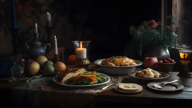 Uma mesa cheia de comida com uma vela ao fundo