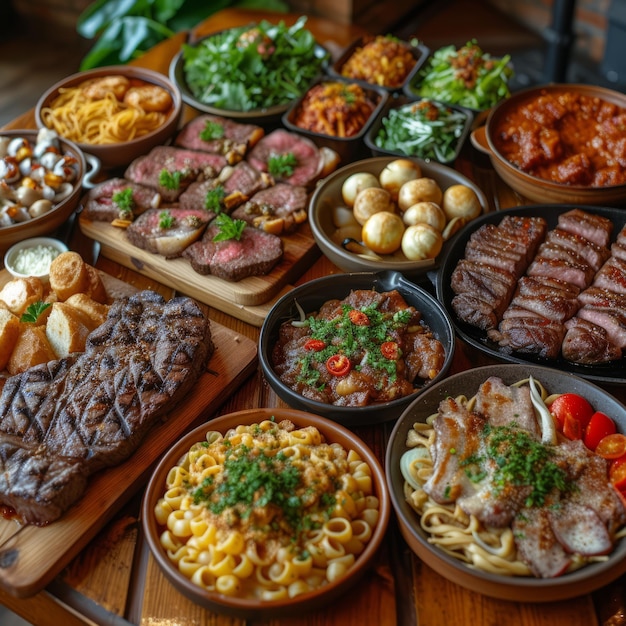 Uma mesa cheia de comida deliciosa, incluindo bife, massa e frutos do mar.