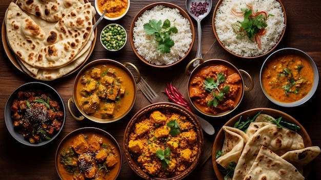 Uma mesa cheia de comida, incluindo arroz, curry e um prato de comida.