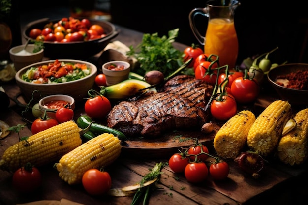 Uma mesa cheia de comida, incluindo bife, tomates, tomates e vegetais.