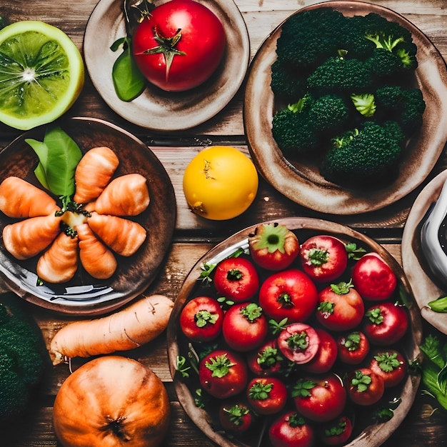 Uma mesa cheia de comida, incluindo brócolis, cenoura, brócolis e outros vegetais.