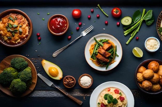 Foto uma mesa cheia de comida, incluindo brócolis, tomate e abacate.