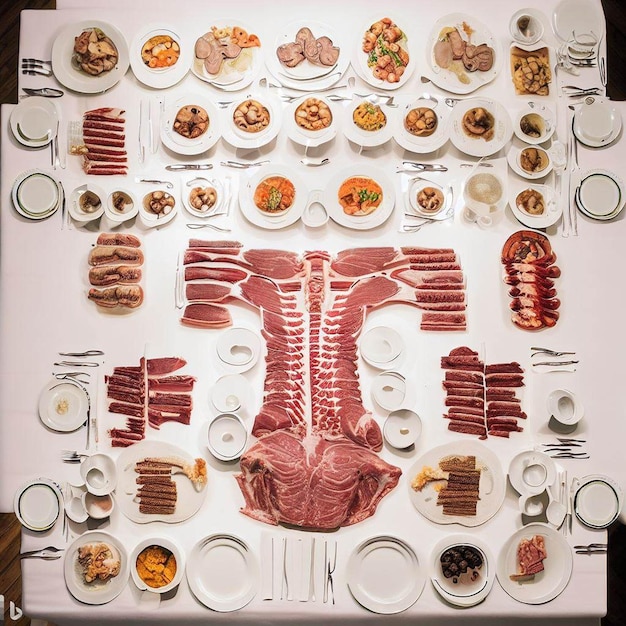 Foto uma mesa cheia de comida, incluindo carne, carne e outros alimentos.